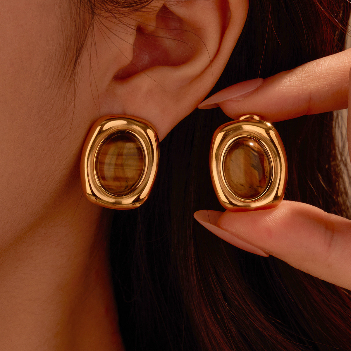 Orb-shaped Tiger Eye Stone Ear Clips