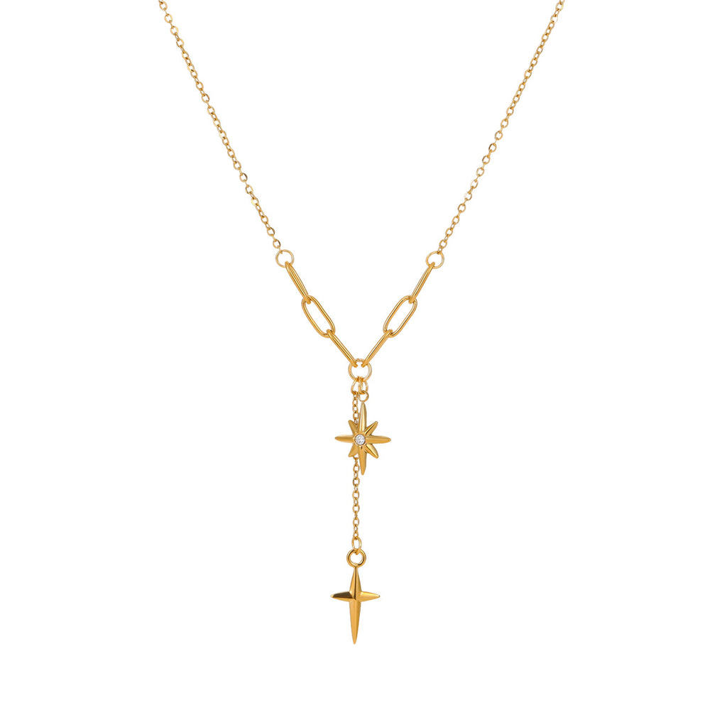Minimalist lock-style chain with diamond-encrusted eight-pointed star necklace