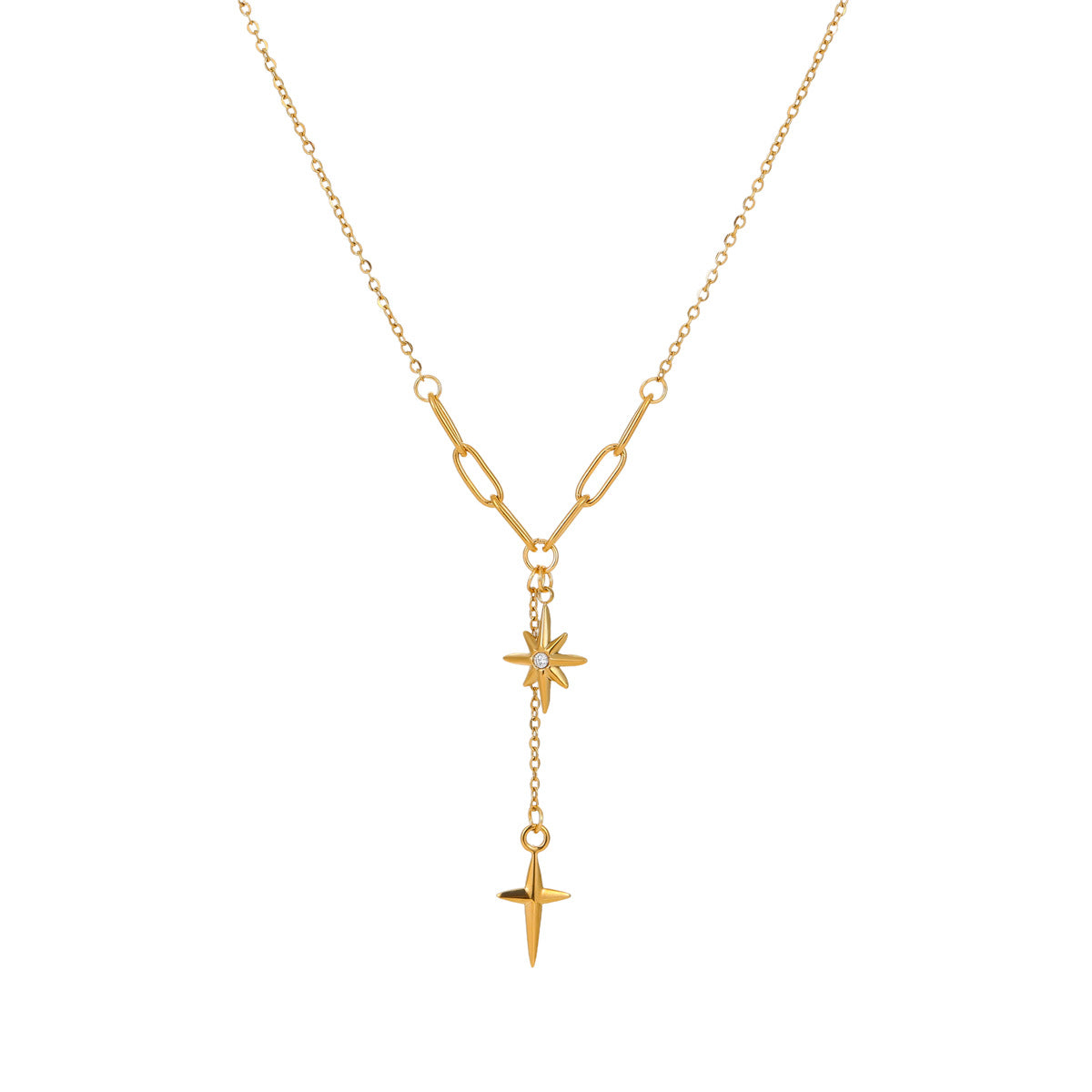 Minimalist lock-style chain with diamond-encrusted eight-pointed star necklace