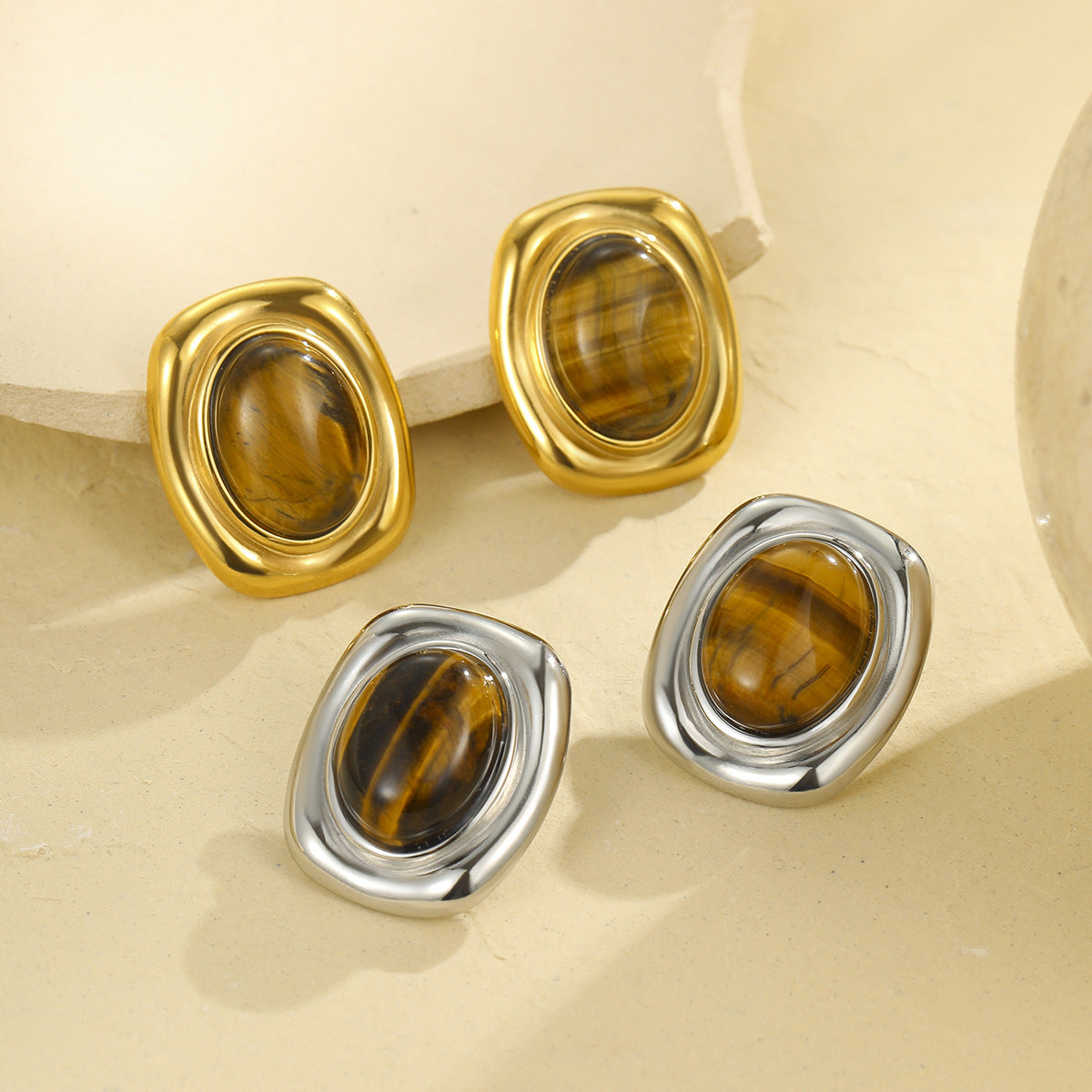 Orb-shaped Tiger Eye Stone Ear Clips