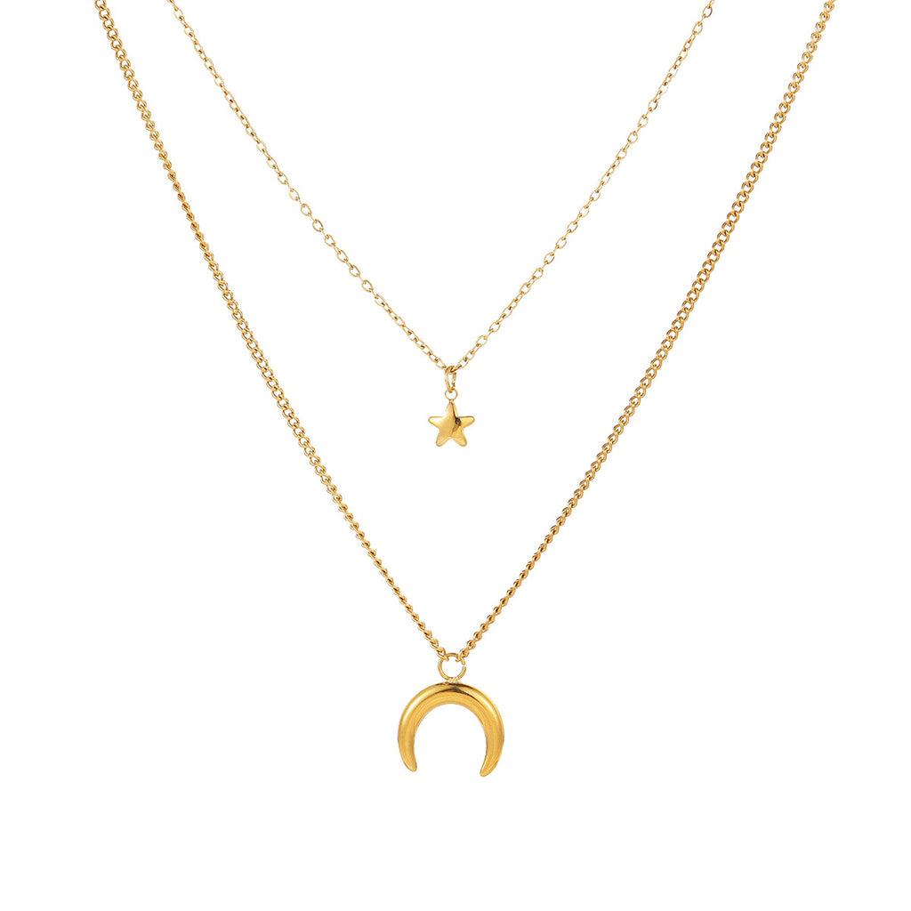 Retro-style necklace, gold-plated with a moon-shaped star motif made of titanium steel