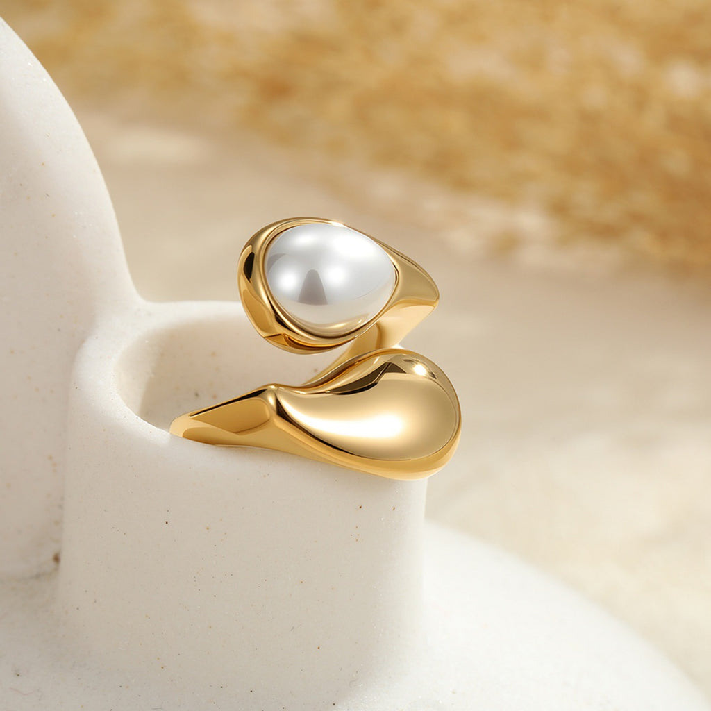 Water Drop Natural Stone Imitation Pearl Titanium Steel Ring