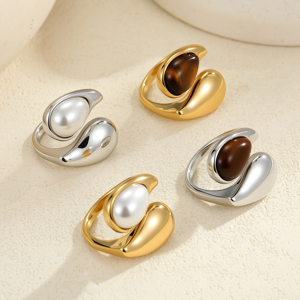 Water Drop Natural Stone Imitation Pearl Titanium Steel Ring