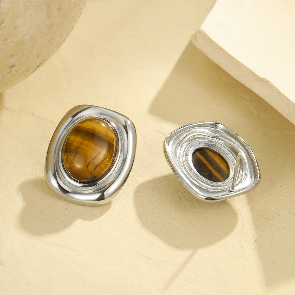 Orb-shaped Tiger Eye Stone Ear Clips