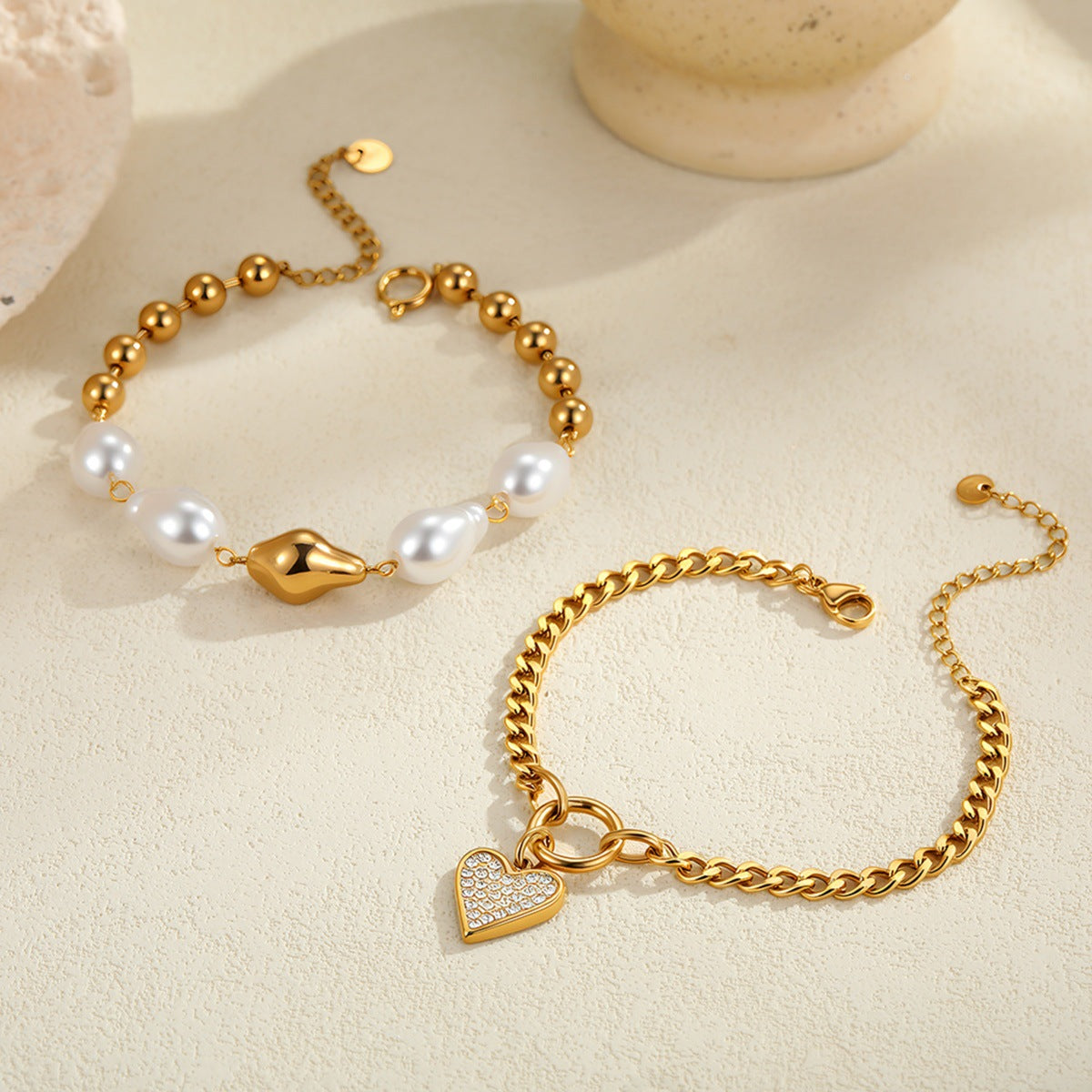 Heart-shaped, diamond-embellished, faux Baroque pearl stainless steel bracelet
