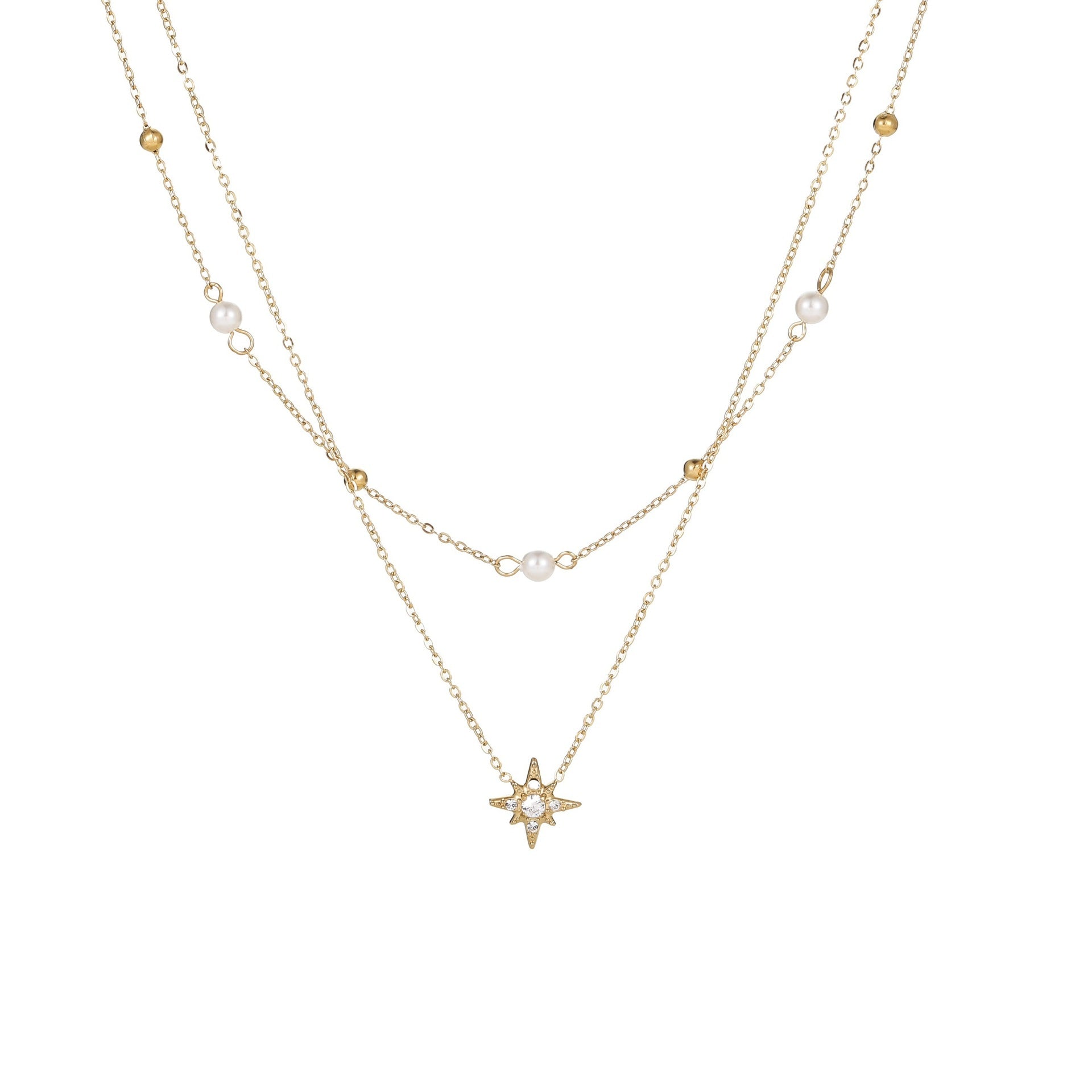 A double-layered six-pointed star necklace adorned with diamonds and pearls